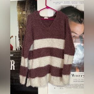 Cozy Striped V-Neck Sweater - purple and Cream